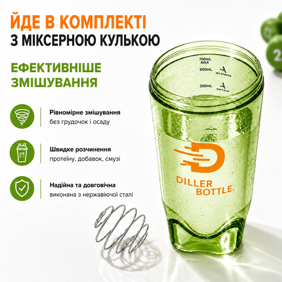 Тритановый шейкер Diller Bottle 700 мл с металлическим шариком (BPA Free) зеленый | Зображення 6