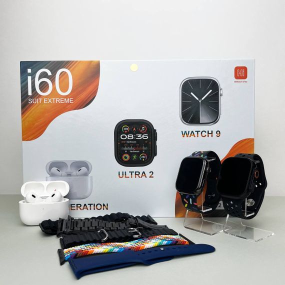 Комплект i60 - Watch Ultra 2 / Smart Watch 9 / Air Pro 2 / 7 ремінців / 2 захисних чохла (Чорний)