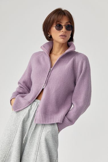 Короткий в'язаний кардиган на блискавці - лавандовий цвет, ONE SIZE (є розміри)