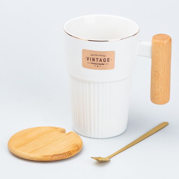 Чашка керамическая с ложкой и бамбуковой крышкой 400 мл Белая | Зображення 1
