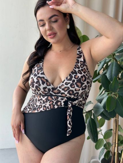 Яскравий суцільний купальник PLUS SIZE леопардовий принт
