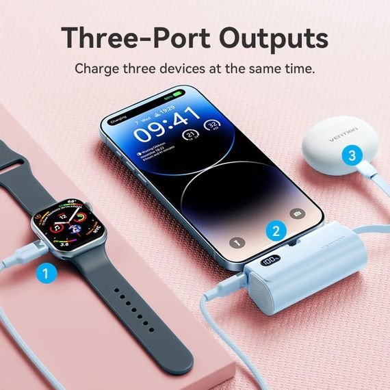 УМБ Vention 4800mAh 22,5W PD, USB-C In/Out, LED display, with built-in Lightning cable Black | Зображення 6