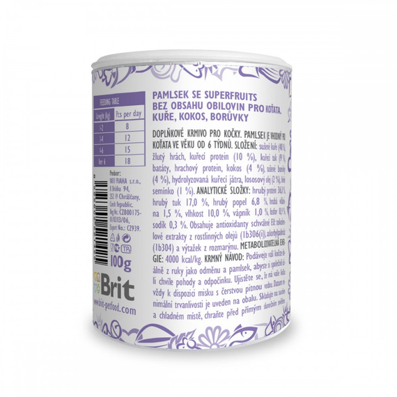 Ласощі для кошенят Brit Care Cat Snack Superfruits Kitten, курка, кокос і чорниця 100г | Зображення 1