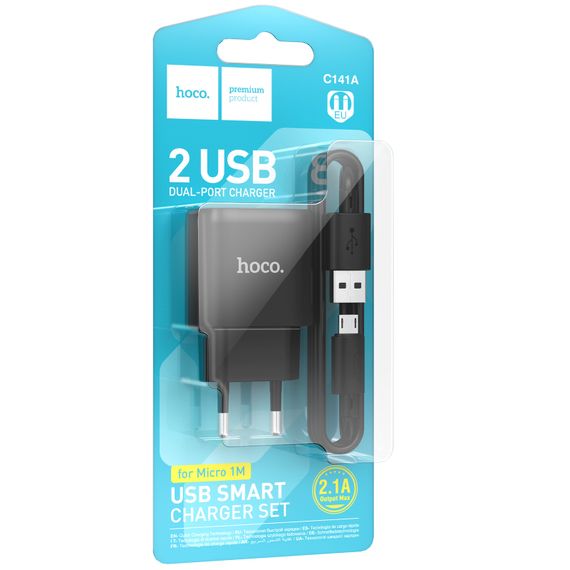 МЗП Hoco C141A Smart 2.1A (2USB-A) + кабель USB to MicroUSB Black | Зображення 1