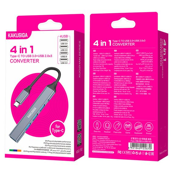 Концентратор конвертор USB Hub Kakusiga KSC-752 Type-C на 4 порта USB 3.0 / USB 2.0x3 | Зображення 6