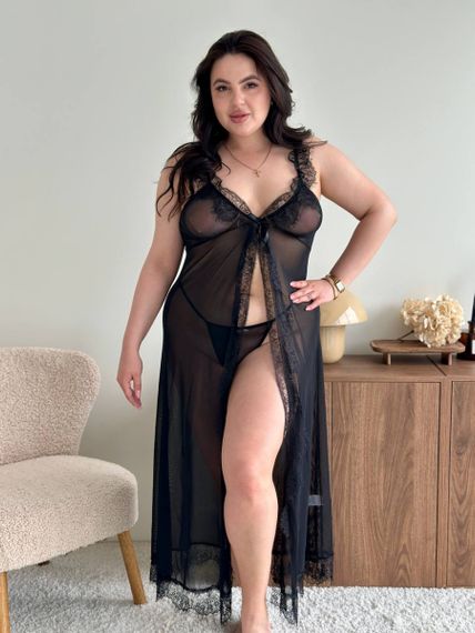 Довгий чорний пеньюар із сіточки та мереживом PLUS SIZE | Зображення 6
