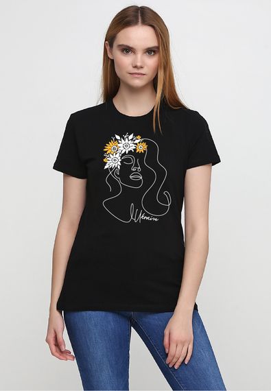 Футболка жіноча чорна з принтом "Квітуча Україна", M