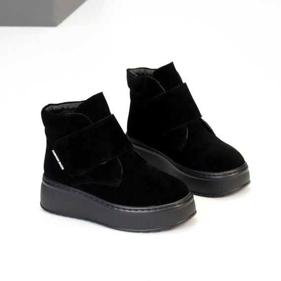 Модные замшевые зимние черные прошитые ботинки на платформе | Зображення 1