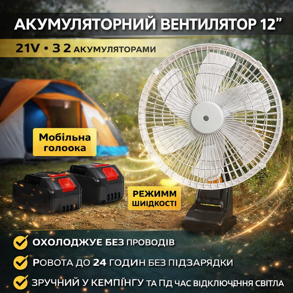 Вентилятор портативный VAP-12 с функцией автовращения / Аккумуляторный вентилятор 12", 21V 2 АКБ