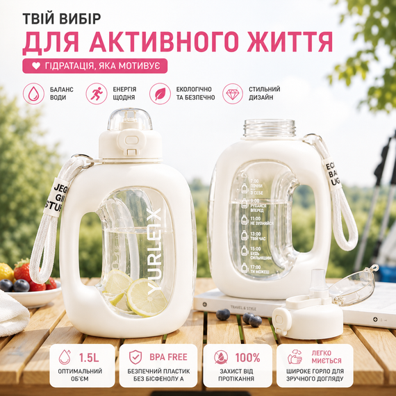 Спортивная бутылка для воды 1.5 л (1500 мл) Белая - с ручкой и трубочкой без BPA, с мотивационной шкалой времени | Зображення 3