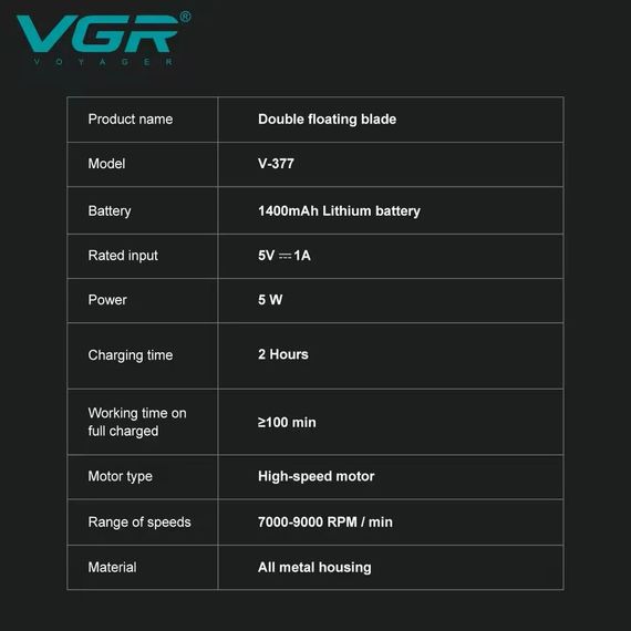 Триммер для волос VGR V-377 синий • Аккумуляторная машинка для стрижки Hair Clippers V-377, шейвер для бороды, усов и окантовки | Зображення 2