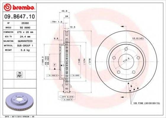 Диск гальмівний MITSUBISHI LANCER 1.5-2.0 08-, DODGE CALIBER 1.8-2.4 06- передн. (вир-во BREMBO) BREMBO 09B64710 на MITSUBISHI LANCER EX седан (CY/Z_A)