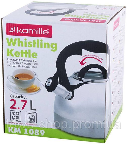 Чайник Kamille Whistling Kettle 2.7л из нержавеющей стали со свистком и стеклянной крышкой (черная ручка) | Зображення 6