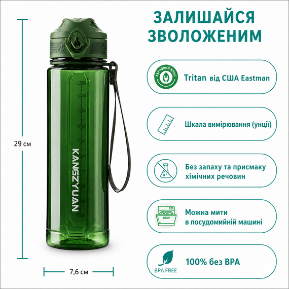 Экологическая бутылка KANGZYUAN 500 мл - Зеленая Tritan BPA-free, ударопрочная, с герметичной крышкой и ремешком | Зображення 1