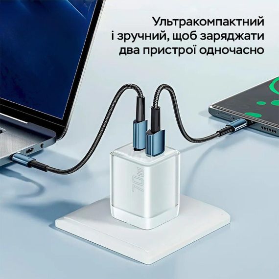 Мережевий зарядний пристрій ESSAGER EZCT70 Gan 1USB 1T-C 70W white | Зображення 3