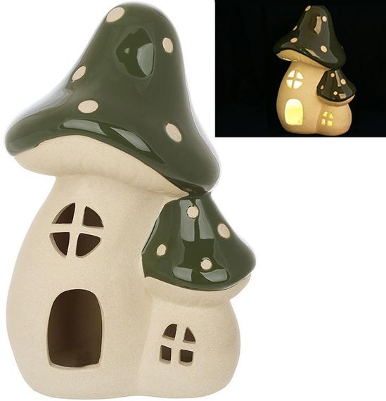 Керамічний будиночок з LED-підсвіткою "Гриб" 20см, бежевий із зеленим КОПІЯ
