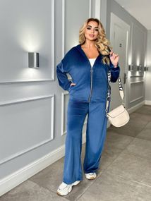 Женский велюровый спортивный костюм больших размеров штаны палаццо МТ317 цвет синий, размер 58/60