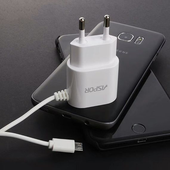 Мережевий зарядний пристрій Aspor A802 Plus 1 USB/2.4A LED + USB кабель Micro-білий | Зображення 1