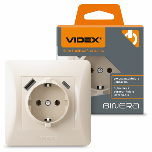 BINERA крем Розетка внутрішня +USB+Type-C із заземленням Videx | Зображення 2