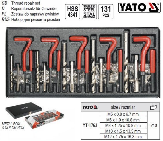 Набір ремонту різьби інструменту М5-М12 131 штука YATO YT-1763 | Зображення 1