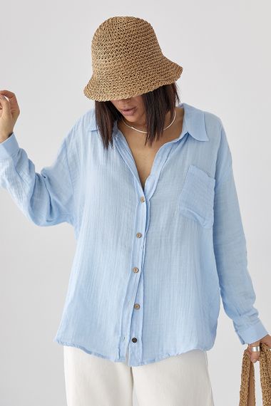 Муслінова сорочка на ґудзиках - блакитний цвет, M (є розміри)