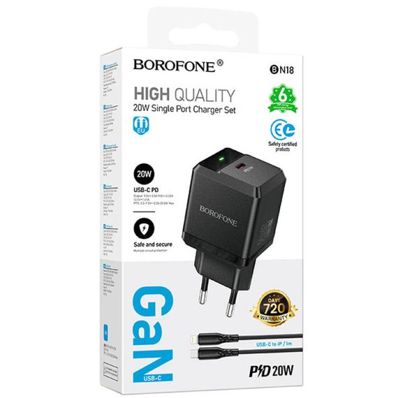 СЗУ Borofone BN18 Intenso PD20W (1USB-C) + кабель Type-C to Lightning Black | Зображення 1