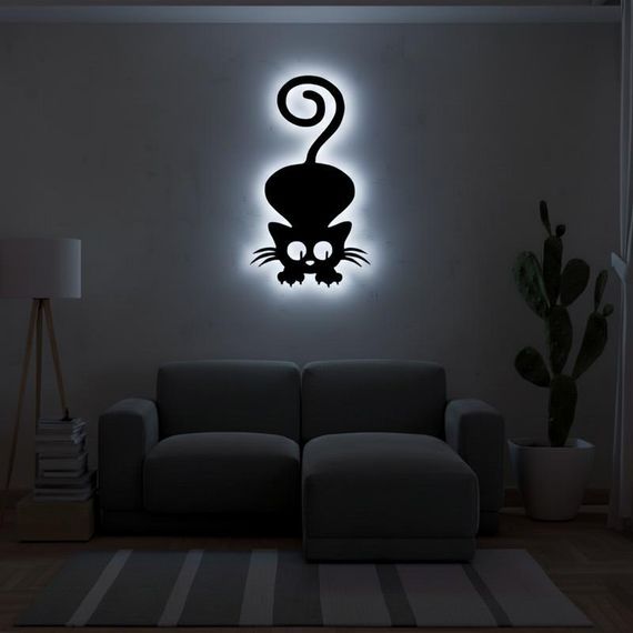 Панно декоративная картина на стену Игривый кот LED подсветка 450х255 acr-p000121