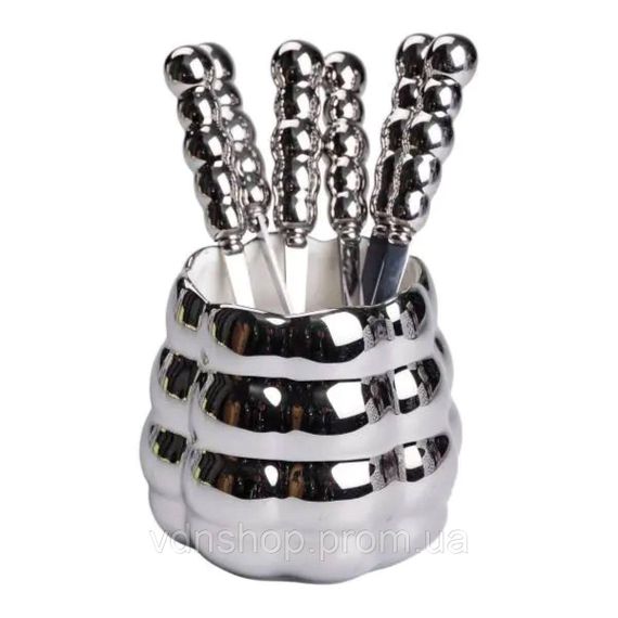 Набір десертних виделок і ложок на 3 персони з підставкою з порцелянау 7 предметів Сірий HP-20-61 | Зображення 2