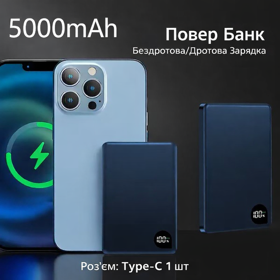 Магнітний бездротовий повербанк 5000 mAh MagSafe 15 W, портативний тонкий павербанк 0,9 см, Сірий | Зображення 2