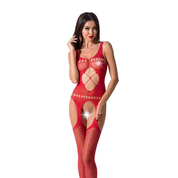 Бодістокінг Passion BS057 red, комбінезон, імітація панчох і пояса, S/M/L