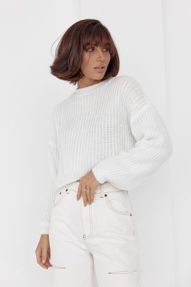 Короткий вязаный джемпер oversize молочный цвет S | Зображення 8