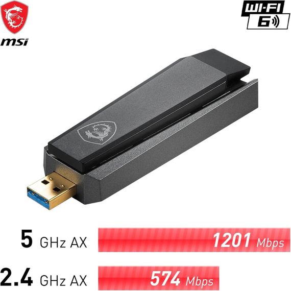 Адаптер Wi-Fi 6 MSI AX1800, мережева карта WLAN до 1800 Мбіт/с, USB 3.2 Gen 1 Type-A, MU-MIMO з антеною та підставкою,  WPA3 | Зображення 5