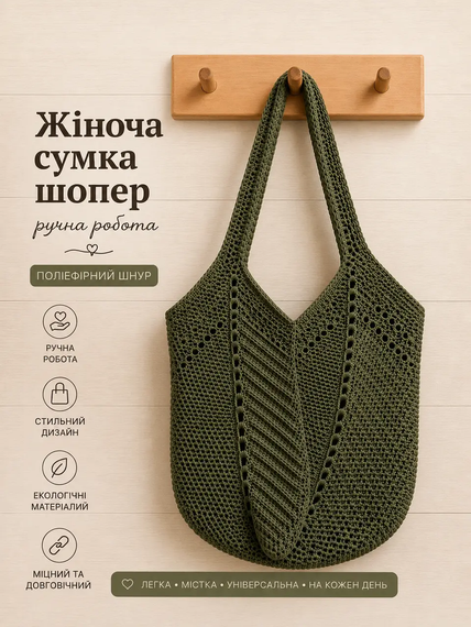 Сумка шопер жіноча в'язана з поліефірного шнура ручної роботи Хакі (оливковий) 2026-10