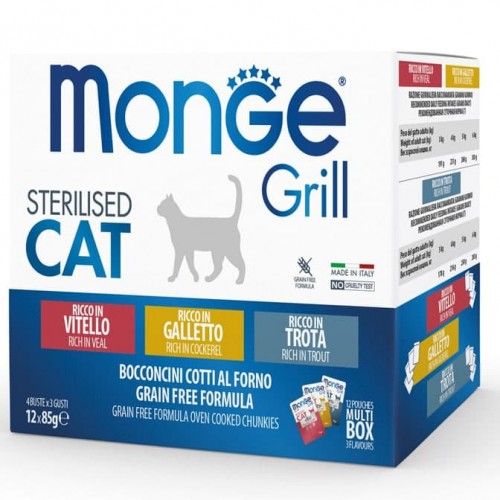 Набор влажного корма Monge Cat Grill WetMIX Sterilised с мясом петуха, телятиной и форелью для стерилизованных котов 12 шт по 85 гр