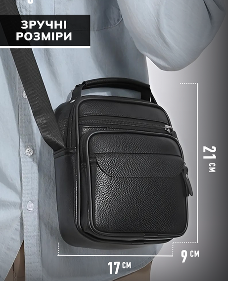 Чоловіча шкіряна барсетка через плече компактна функціональна з ручкою чорна 86802 | Зображення 3