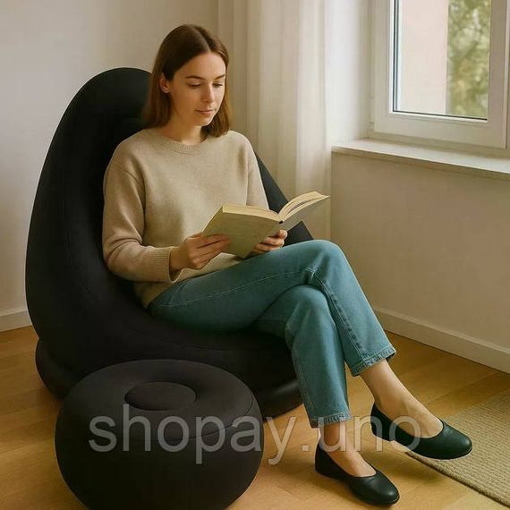 Надувное кресло с пуфом для отдыха AIR SOFA велюровое Black HA-33 | Зображення 2