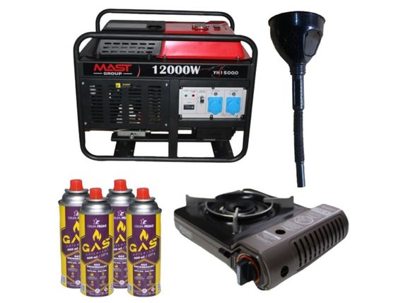 Бензиновий генератор MAST GROUP + газова плитка Orcamp CK-505 + 4 газових картриджа 400 мл та лійка (KYH15000)