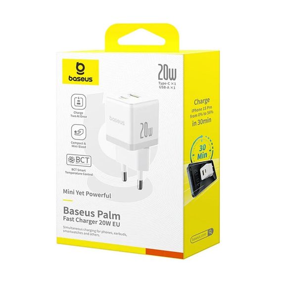 СЗУ Baseus Palm Fast Charger 20W (1USB-A/1C) + кабель Type-C to Type-C (P10111608) Moon White | Зображення 5