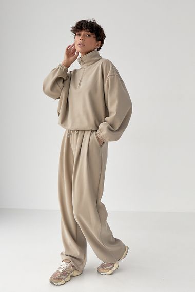 Зимовий однотонний спортивний костюм із затяжками - світло-коричневий цвет, M (є розміри)