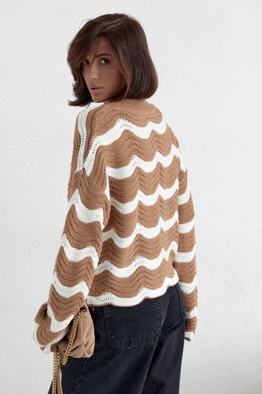 Ажурная кофта с волнистым узором - кофейный цвет, L (есть размеры) | Зображення 1