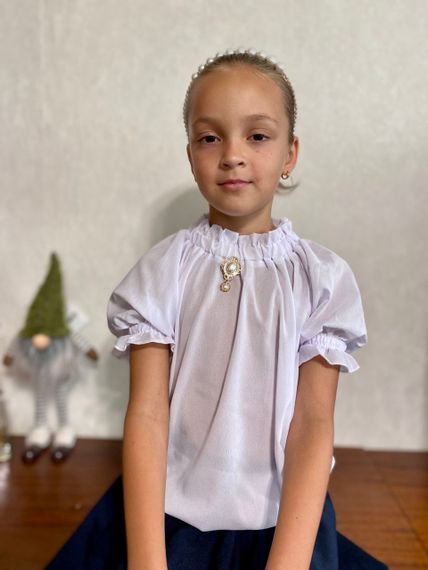 Шкільна блузка для дівчинки з короткими рукавами ліхтарик софт, біла, розмір 122, SBR023 | Зображення 1