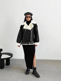 Дубленка женская OVERSIZE с белым мехом, цвет черный XL