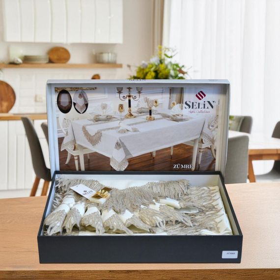 Льняная скатерть с ранером Selin Zumre Set 160×350+12 салфеток кремовая | Зображення 1