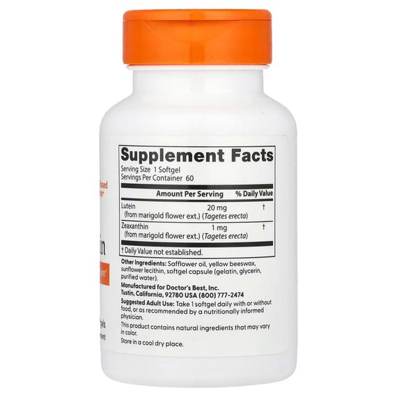 Лютеин, Lutein, Doctors Best, 20 мг, 60 гелевых капсул | Зображення 1