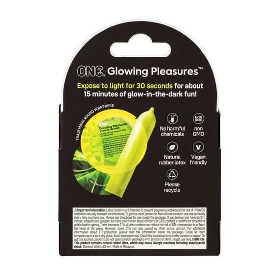 Презервативи ONE Glowing Pleasures, 3 шт, світяться в темряві, зі змазкою, картонне паковання | Зображення 1