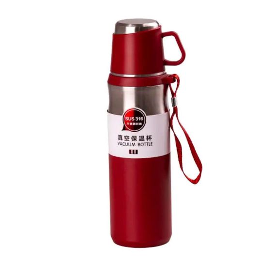 Термос с чашкой и ремешком 600 мл с металлической колбой Красный HPGM80155R