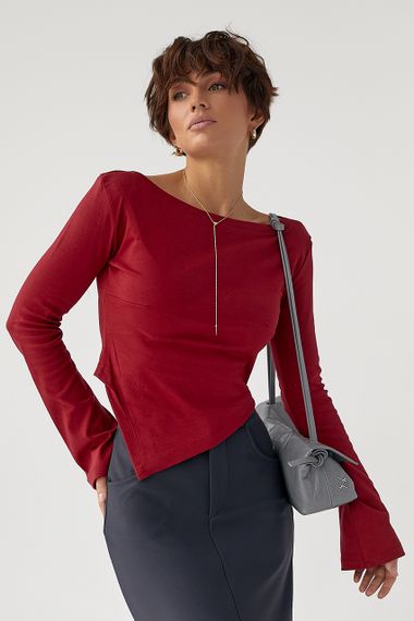 Трикотажна блуза з асиметричним низом - темно-червоний цвет, M (є розміри) | Зображення 4