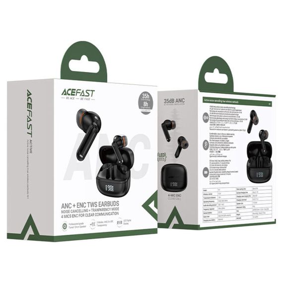 Бездротові навушники ACEFAST W1 Active Noise Cancelling true wireless earbuds Black | Зображення 1