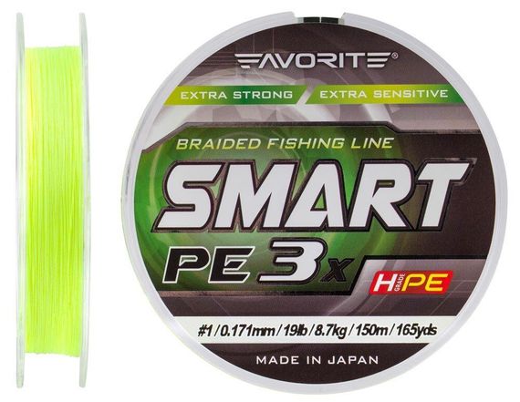 Шнур Favorite Smart PE 3x 150м (fl.yellow) #1/0.171mm 19lb/8.7kg Шнур для рыбалки Шнур рыболовный
