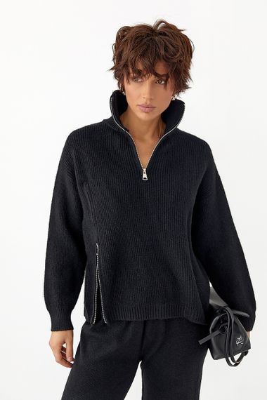 В'язаний костюм зі светром із блискавками та прямими штанами - чорний цвет, ONE SIZE (є розміри) | Зображення 2